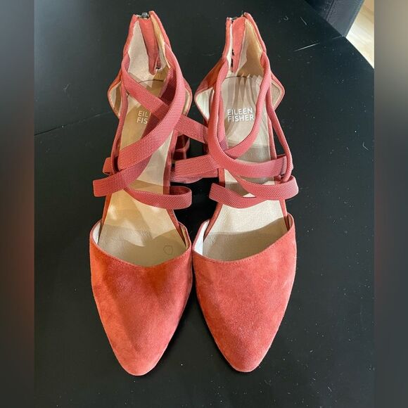 Eileen Fisher Cayenne Juku Suede Low Strappy Pumps heels shoes Sz 7.5 rust - Picture 2 of 9
